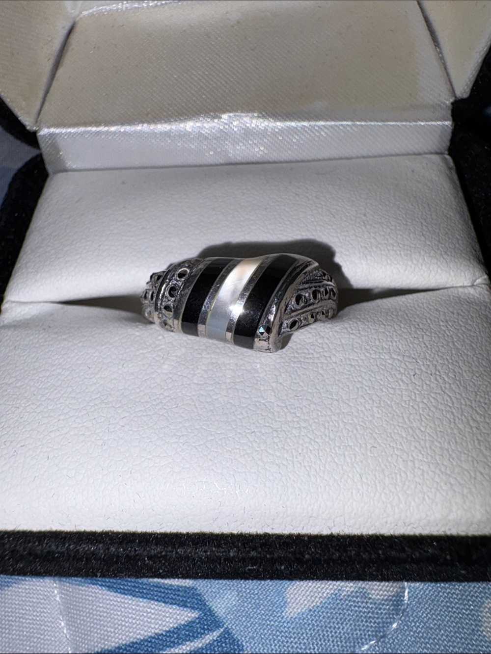 Sterling Silver Black Onyx and White Mother of Pearl Dome Ring Crystal Accents